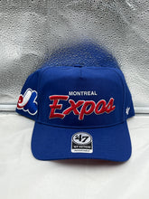 Load image into Gallery viewer, Montreal Expos MLB &#39;47 Brand Throwback Blue Script Hitch Adjustable Snapback Hat - Casey&#39;s Sports Store
