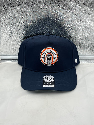 Illinois Fighting Illini NCAA '47 Throwback Navy Hitch Adjustable Snapback Hat displayed on a white background, showcasing its classic navy color, adjustable snapback design, and iconic team logo, perfect for fans.