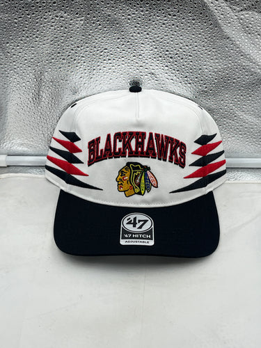 Chicago Blackhawks NHL '47 Brand White Diamond Hitch Adjustable Snapback Hat, stylish sports cap for fans, featuring a white diamond design and adjustable snapback closure.