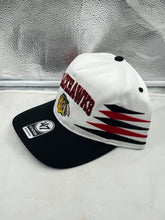 Load image into Gallery viewer, Chicago Blackhawks NHL &#39;47 Brand White Diamond Hitch Adjustable Snapback Hat front view on display.
