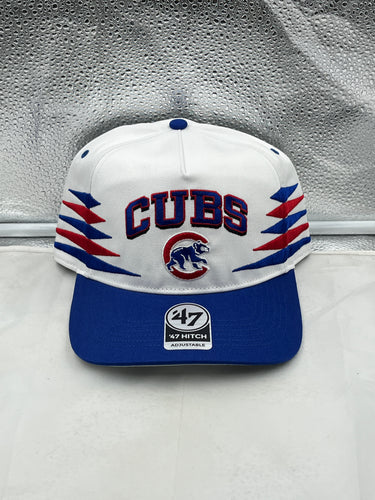 Chicago Cubs MLB '47 Brand White Two Tone Diamond Hitch Adjustable Snapback Hat displaying a stylish design and adjustable fit for baseball fans.