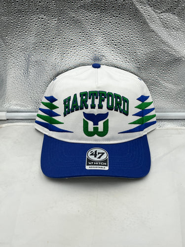 Hartford Whalers NHL '47 Brand White Diamond Hitch Adjustable Snapback Hat featuring a white color scheme and adjustable snapback for a comfortable fit.