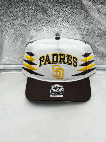 San Diego Padres MLB '47 Brand White Diamond Hitch Adjustable Snapback Hat showcasing its sleek design and adjustable features.