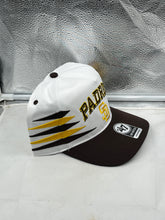 Load image into Gallery viewer, Side angle of San Diego Padres MLB &#39;47 Brand White Diamond Hitch Adjustable Snapback Hat, highlighting its adjustable snapback.
