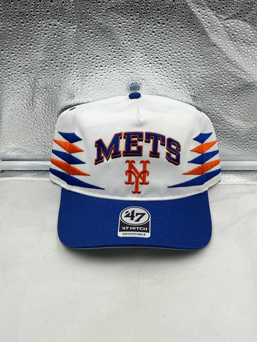 New York Mets MLB '47 Brand White Diamond Hitch Adjustable Snapback Hat with adjustable strap for a custom fit, featuring the Mets logo in a stylish design.