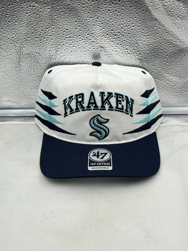 Seattle Kraken NHL '47 Brand White Diamond Hitch Adjustable Snapback Hat featuring team logo and adjustable snapback design.