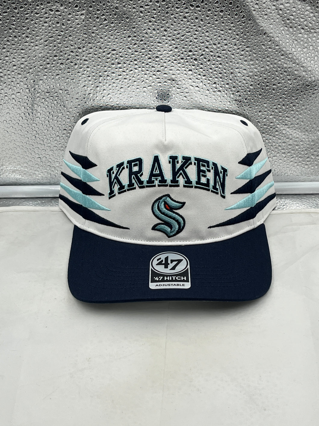 Seattle Kraken NHL '47 Brand White Diamond Hitch Adjustable Snapback Hat featuring team logo and adjustable snapback design.