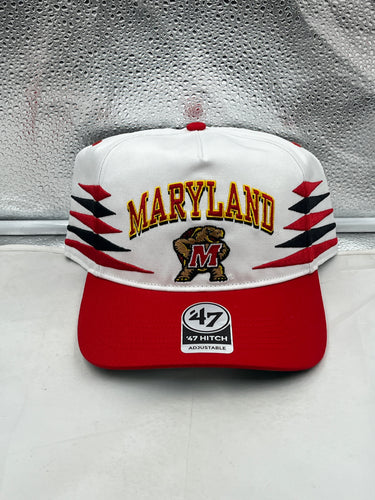 Maryland Terrapins NCAA '47 Brand White Diamond Hitch Snapback Adjustable Hat showcasing its stylish design and adjustable feature.