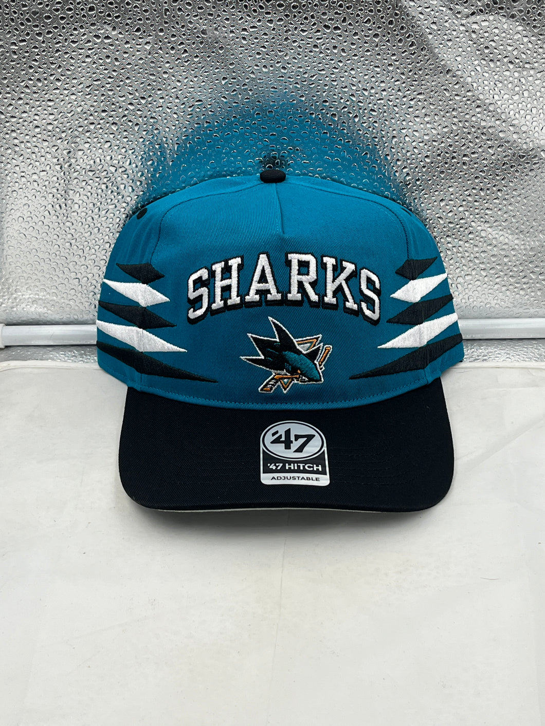 San Jose Sharks NHL '47 Brand Teal Diamond Hitch Adjustable Snapback Hat showcasing a stylish teal color and adjustable snapback design for hockey fans.
