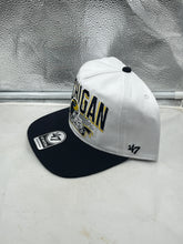 Load image into Gallery viewer, Michigan Wolverines NCAA &#39;47 Brand White Two Tone Hitch Adjustable Snapback Hat front view showcasing logo and design.
