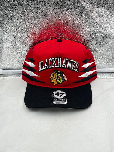 Chicago Blackhawks NHL '47 Brand Red Diamond Hitch Adjustable Snapback Hat, featuring team colors and logo, perfect for fans and casual wear.