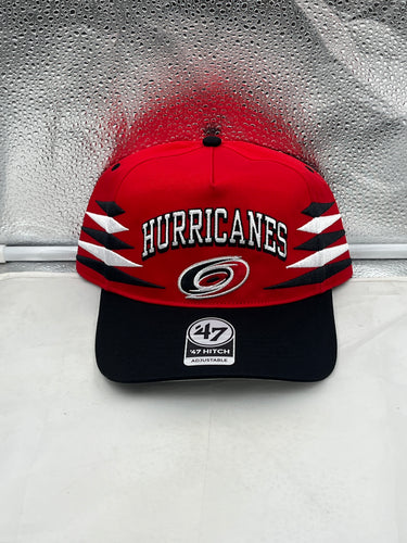 Carolina Hurricanes NHL '47 Brand Red Diamond Hitch Adjustable Snapback Hat in vibrant red color, showcasing team logo and stylish snapback design.