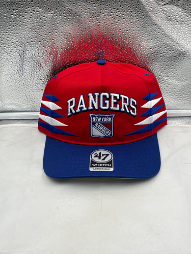 New York Rangers NHL '47 Brand Red Diamond Hitch Adjustable Snapback Hat featuring a vibrant red design, perfect for fans of the team.