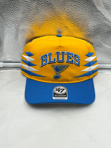 St Louis Blues NHL '47 Brand Gold Diamond Hitch Adjustable Snapback Hat showcasing its stylish design and adjustable fit, perfect for hockey fans.