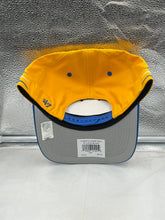 Load image into Gallery viewer, Close-up view of the St Louis Blues NHL &#39;47 Brand Gold Diamond Hitch Adjustable Snapback Hat showcasing intricate detailing.
