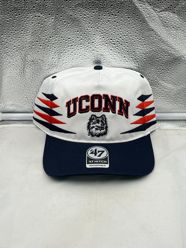 UConn Huskies NCAA '47 Brand White Diamond Hitch Snapback Adjustable Hat showcasing a stylish design ideal for fans and alumni.