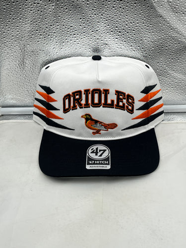 Baltimore Orioles MLB '47 Brand White Diamond Hitch Adjustable Snapback Hat showcasing a stylish design with the team logo and adjustable strap for a perfect fit.