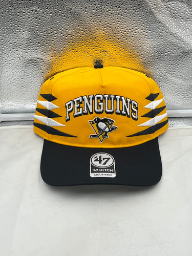 Pittsburgh Penguins NHL '47 Brand Yellow Diamond Hitch Adjustable Snapback Hat displayed on a white background, featuring the iconic team logo and vibrant yellow color, perfect for Penguins fans.