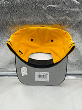 Load image into Gallery viewer, Close-up view of the Pittsburgh Penguins NHL &#39;47 Brand Yellow Diamond Hitch Adjustable Snapback Hat showing its detailed design.

