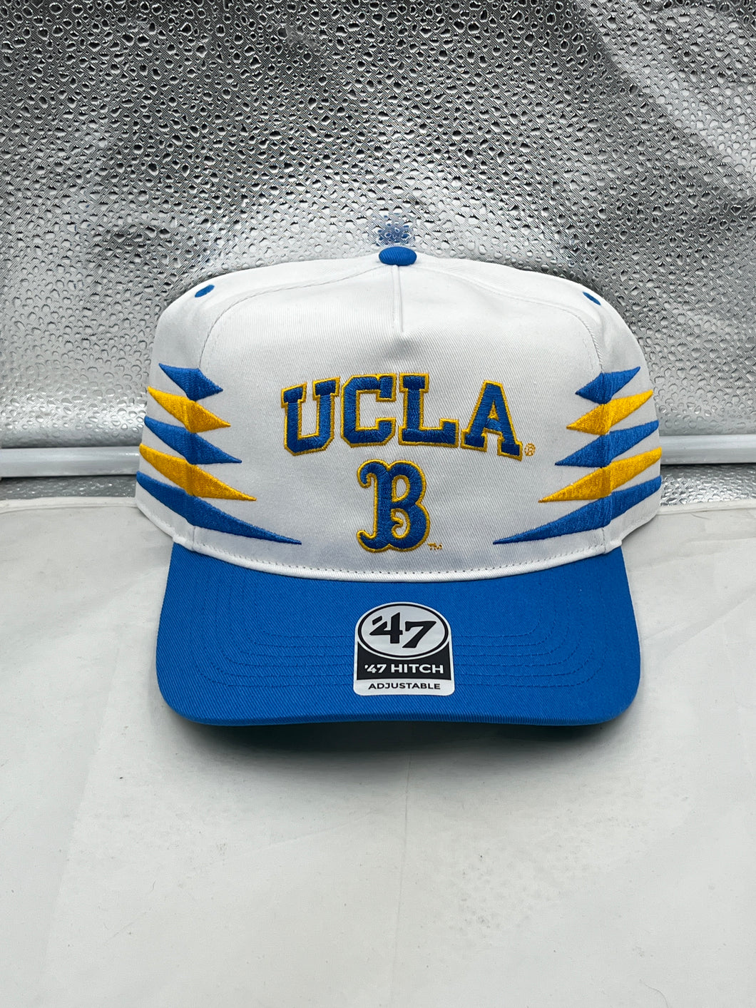 UCLA Bruins NCAA '47 Brand White Diamond Hitch Snapback Adjustable Hat, showcasing a stylish design and adjustable fit for fans.