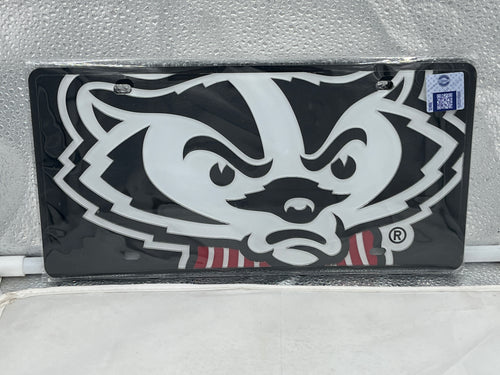 Wisconsin Badgers NCAA Black Mascot Acrylic Laser Cut License Plate from WinCraft, perfect for showing team spirit and enhancing vehicle aesthetics.