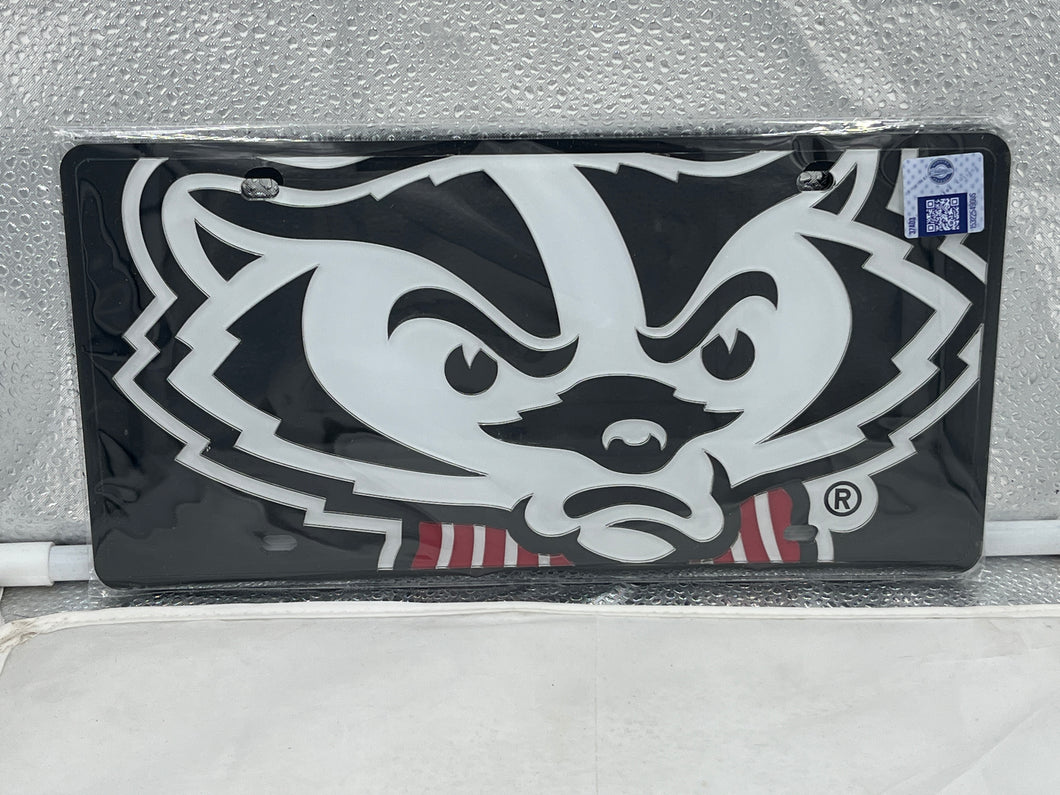 Wisconsin Badgers NCAA Black Mascot Acrylic Laser Cut License Plate from WinCraft, perfect for showing team spirit and enhancing vehicle aesthetics.