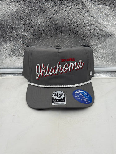 Oklahoma Sooners hat - Gray Script Hitch Rope Adjustable Snapback Hat from '47 Brand showcasing stylish design and team pride.
