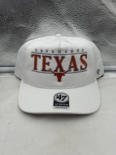 Load image into Gallery viewer, Texas Longhorns NCAA &#39;47 Brand White Hitch City Line Adjustable Snapback Hat displayed outdoors, ideal for showing team spirit.
