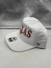 Load image into Gallery viewer, Close-up view of the Texas Longhorns NCAA &#39;47 Brand White Hitch City Line Adjustable Snapback Hat showcasing the iconic logo.
