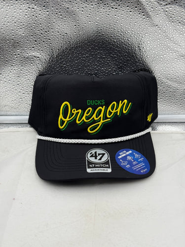 Oregon Ducks NCAA '47 Brand Black Hitch Rope Adjustable Snapback Hat showcasing the team logo, perfect for fans of the Oregon Ducks.