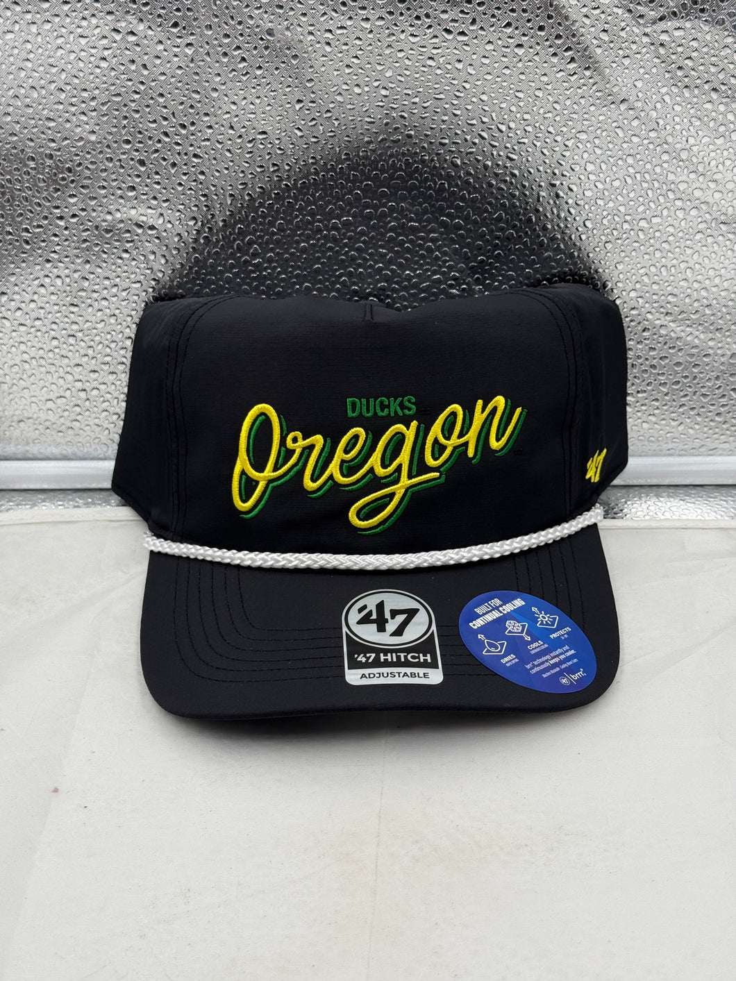 Oregon Ducks NCAA '47 Brand Black Hitch Rope Adjustable Snapback Hat showcasing the team logo, perfect for fans of the Oregon Ducks.