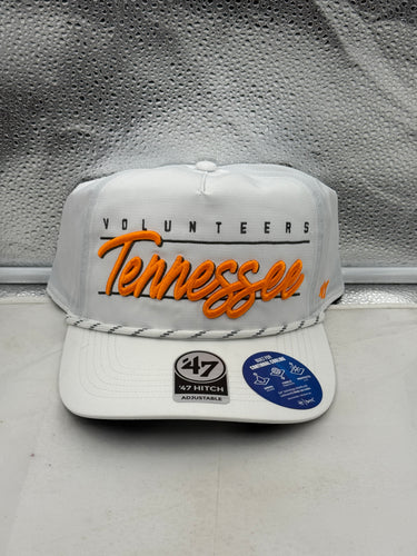 Tennessee Volunteers NCAA '47 Brand White Hitch Rope Adjustable Snapback Hat showcasing team spirit, featuring the iconic logo, perfect for fans.