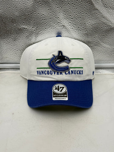 Vancouver Canucks NHL '47 Brand White Two Tone Clean Up Strapback Adjustable Hat - stylish and comfortable Vancouver Canucks hat for fans.