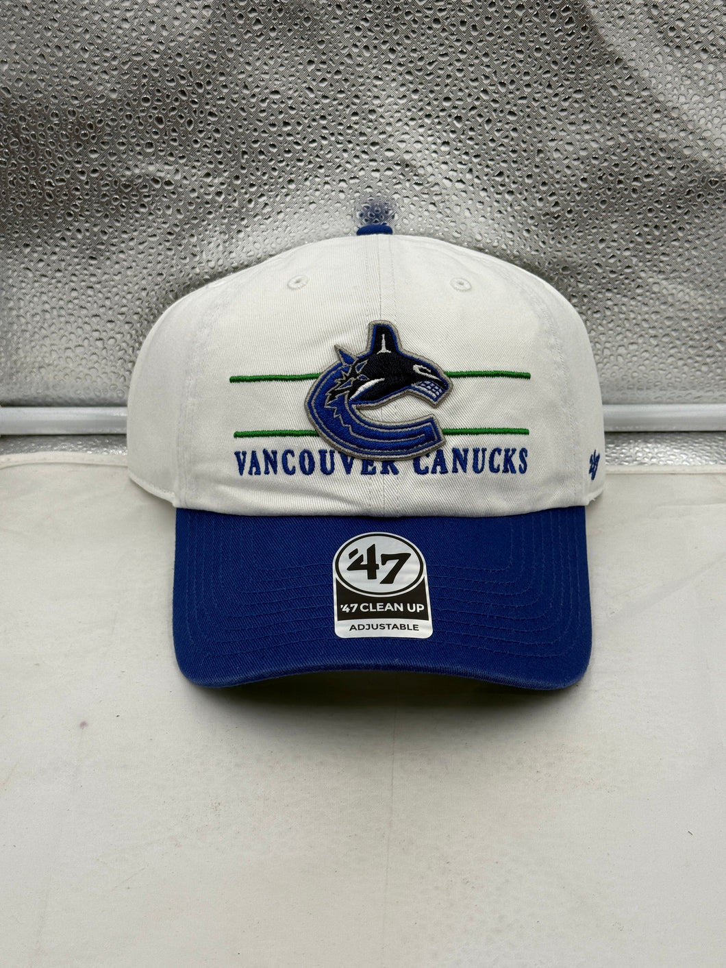 Vancouver Canucks NHL '47 Brand White Two Tone Clean Up Strapback Adjustable Hat - stylish and comfortable Vancouver Canucks hat for fans.