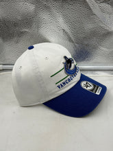 Load image into Gallery viewer, Side view of the Vancouver Canucks NHL &#39;47 Brand White Two Tone Clean Up Strapback Adjustable Hat featuring adjustable strap - versatile Vancouver Canucks hat.
