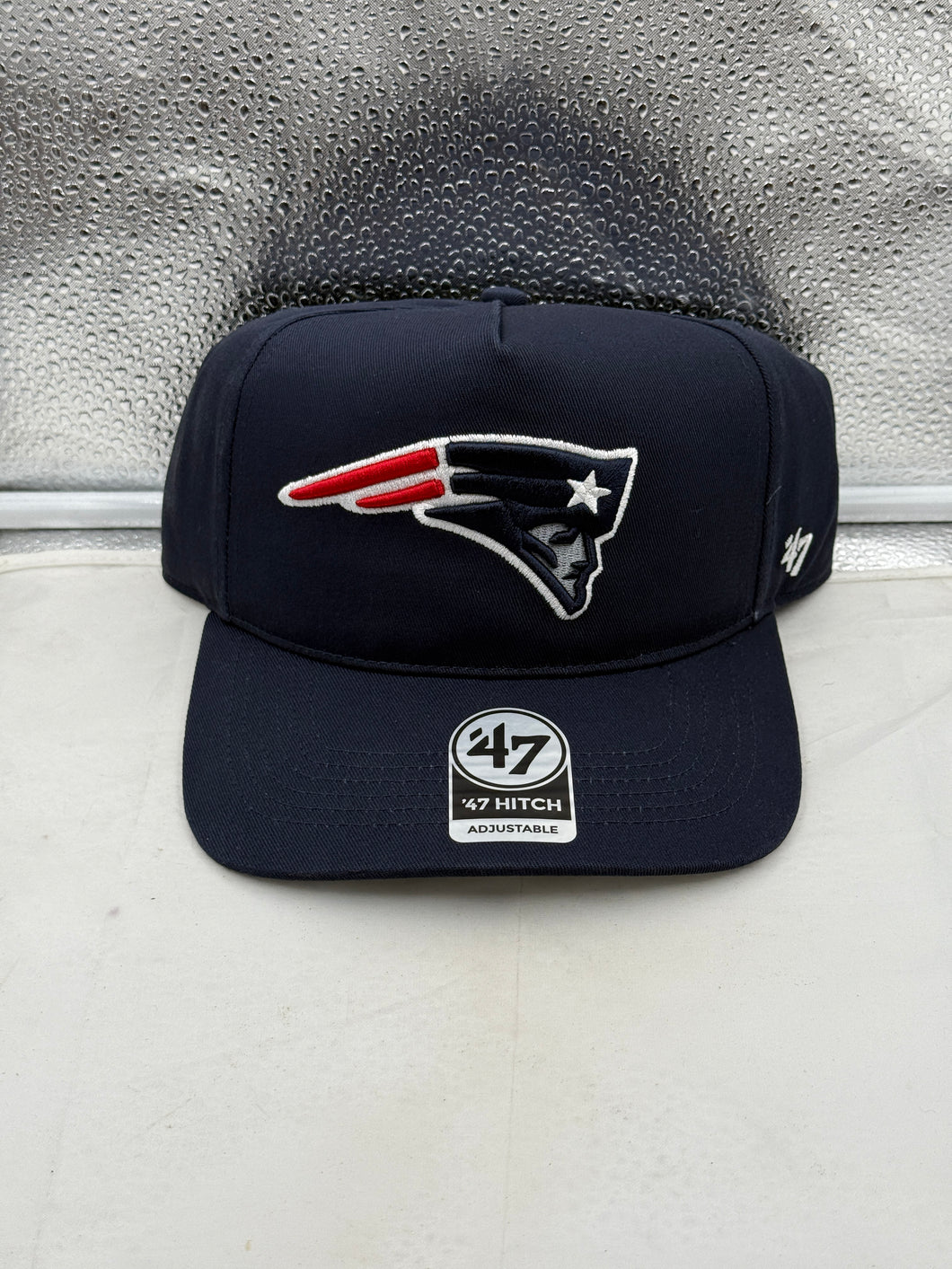 Front view of the New England Patriots NFL '47 Brand Navy Blue Hitch Snapback Adjustable Hat, perfect for fans of the New England Patriots hat.