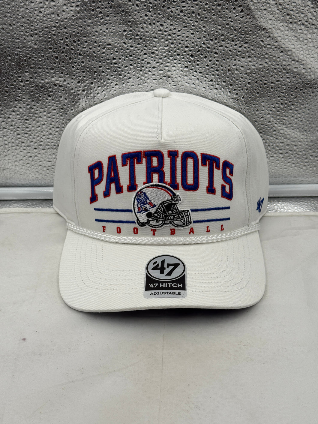 New England Patriots NFL '47 Throwback White Hitch Rope Snapback Adjustable Hat featuring retro design - perfect for fans of New England Patriots hat.