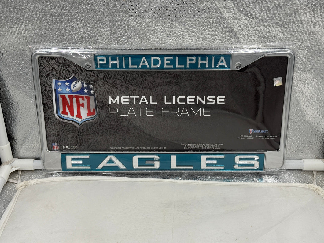 Philadelphia Eagles NFL Laser Cut License Plate Frame by RICO, showcasing the iconic team logo and name, designed to enhance vehicle appearance and showcase Philadelphia Eagles pride.