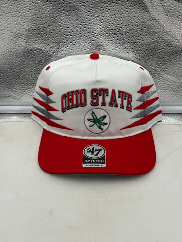 Ohio State Buckeyes NCAA '47 Brand White Diamond Hitch Snapback Adjustable Hat displayed on a model outdoors, showcasing team spirit and style.