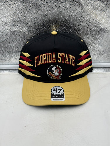 Florida State Seminoles FSU NCAA '47 Black Diamond Hitch Snapback Adjustable Hat front view showcasing the iconic Seminoles logo and stylish design.