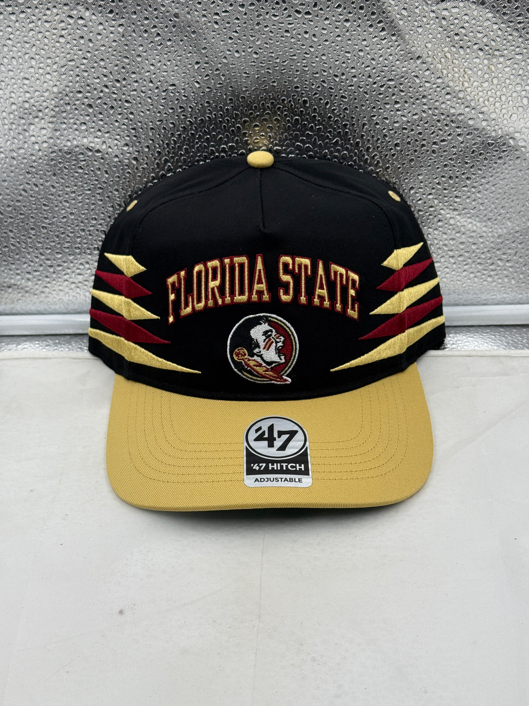 Florida State Seminoles FSU NCAA '47 Black Diamond Hitch Snapback Adjustable Hat front view showcasing the iconic Seminoles logo and stylish design.