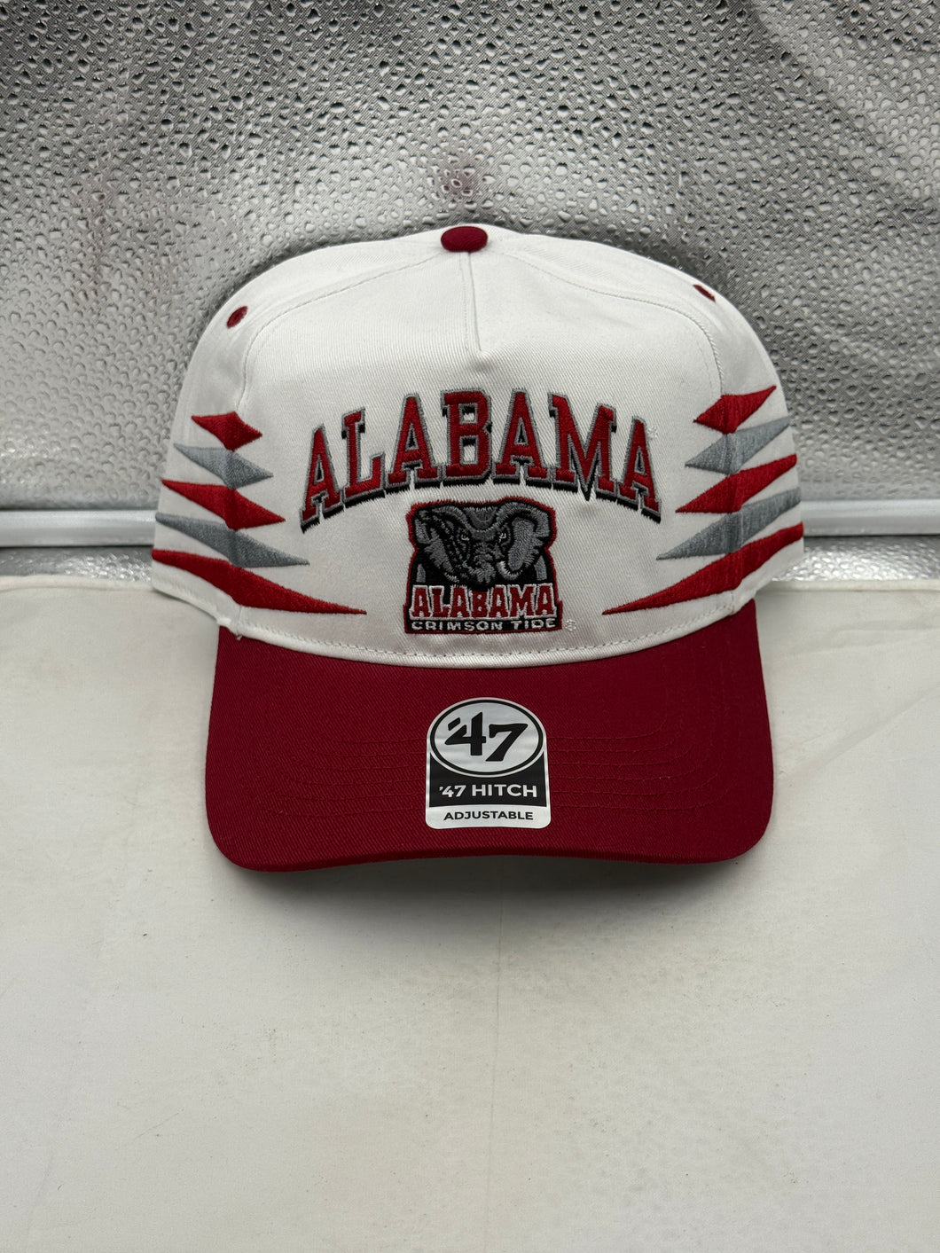 Alabama Crimson Tide NCAA '47 Brand White Diamond Hitch Snapback Adjustable Hat showcasing a sleek white design and diamond hitch detail, perfect for fans and supporters of the Alabama Crimson Tide hat.