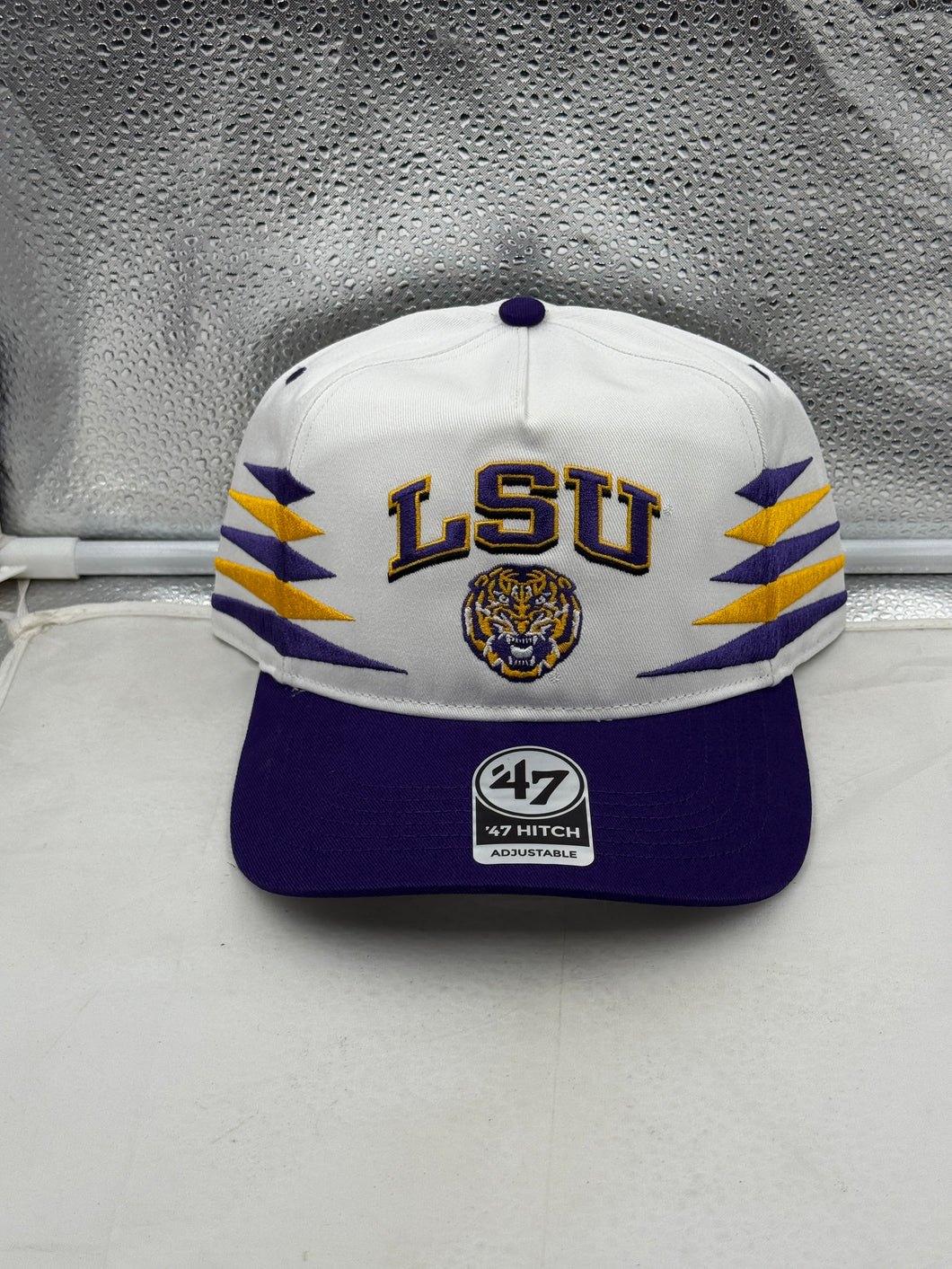 LSU Tigers NCAA '47 Brand White TT Diamond Hitch Snapback Adjustable Hat displayed on a neutral background showing the front view with prominent LSU logo.