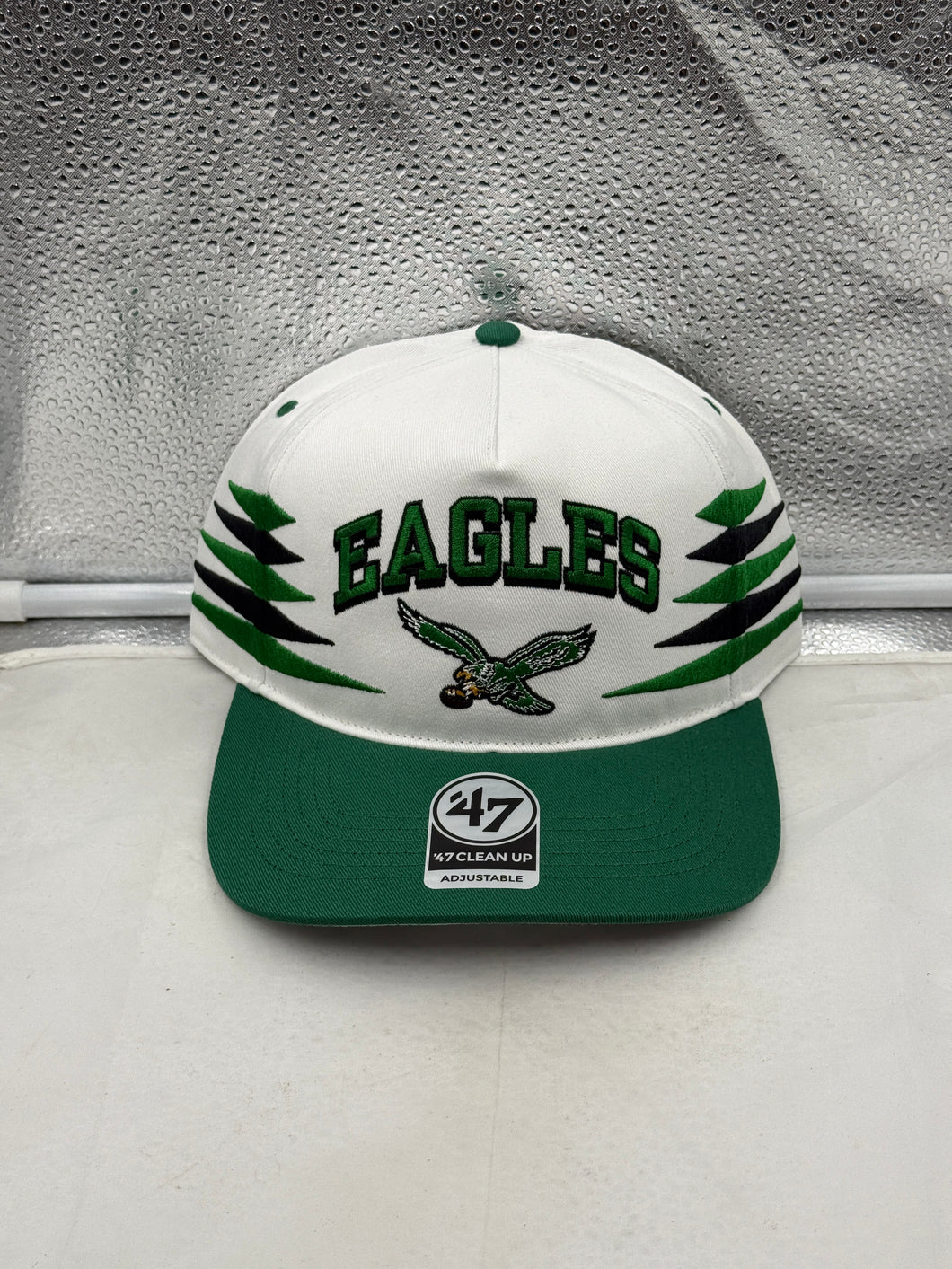Philadelphia Eagles NFL '47 Brand White Diamond Hitch Snapback Adjustable Hat showcasing the embroidered logo and white diamond design.