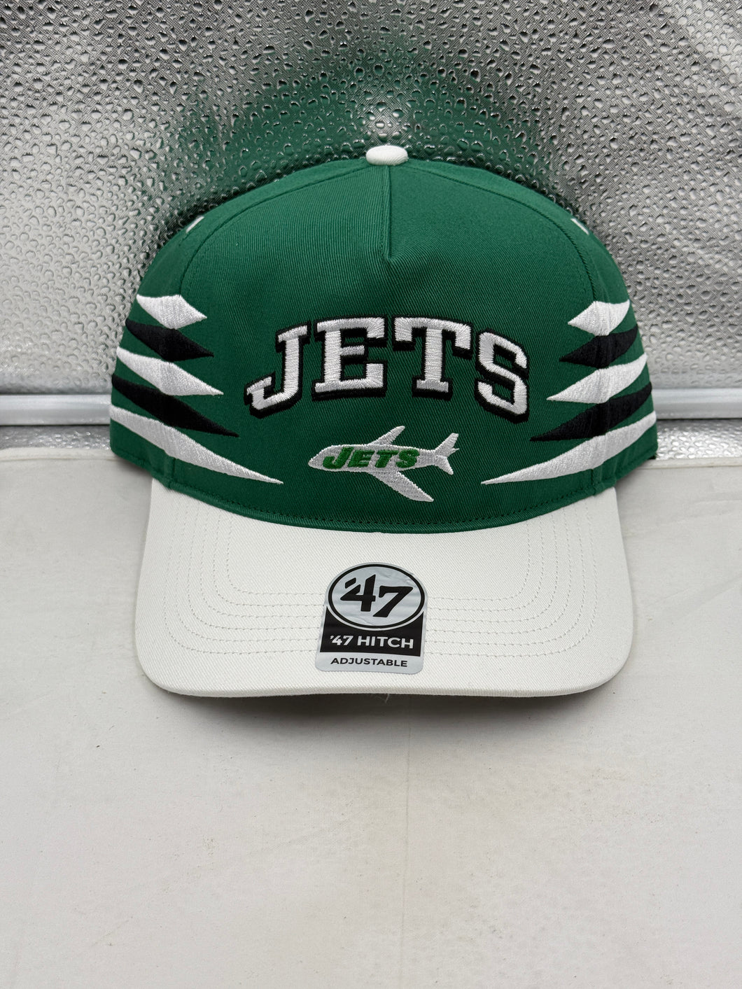 New York Jets NFL '47 Throwback Green TT Diamond Hitch Snapback Adjustable Hat showcasing the iconic Jets logo and classic design.