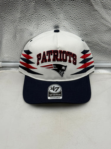 New England Patriots NFL '47 Brand White Diamond Hitch Snapback Adjustable Hat displayed on a neutral background, showcasing the crisp white design and team logo.
