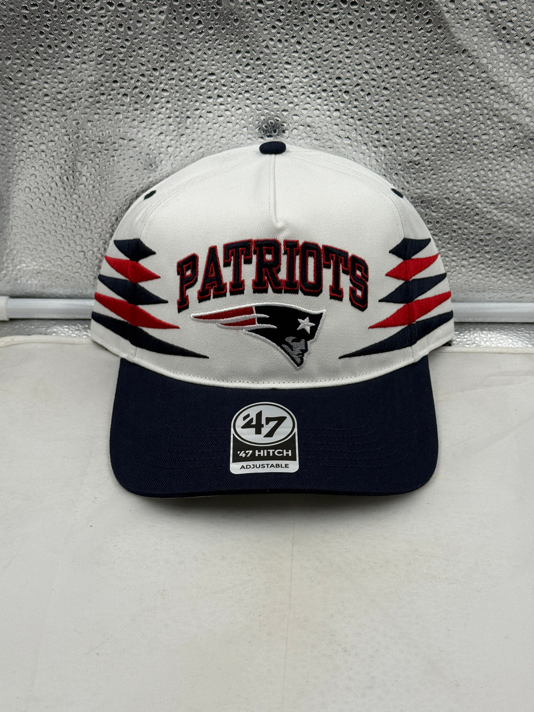 New England Patriots NFL '47 Brand White Diamond Hitch Snapback Adjustable Hat displayed on a neutral background, showcasing the crisp white design and team logo.