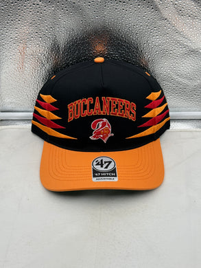 Tampa Bay Buccaneers NFL '47 Brand Black Diamond Hitch Snapback Adjustable Hat displaying team logo and stylish black diamond pattern.