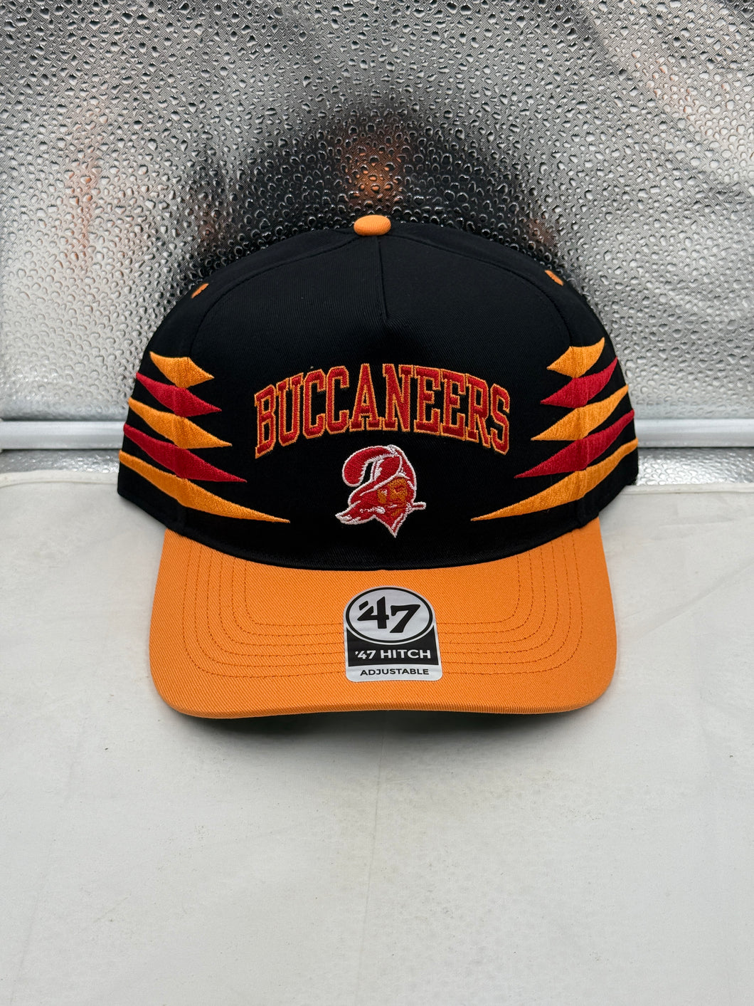 Tampa Bay Buccaneers NFL '47 Brand Black Diamond Hitch Snapback Adjustable Hat displaying team logo and stylish black diamond pattern.