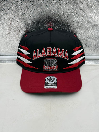 Alabama Crimson Tide hat - '47 Brand Black Diamond Hitch Snapback Adjustable Hat showcasing the iconic team logo in black fabric.